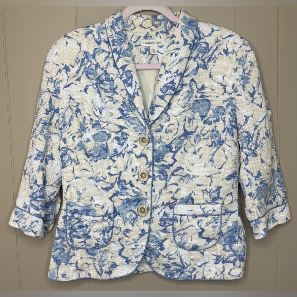 Coldwater Creek 100% Cotton Floral Lined 3/4 Sleeve Blazer Women’s Size 10